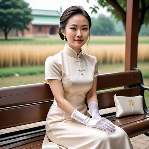 Prompt: A beautiful Chinese woman wears short-sleeves clothes, and white long silk gloves. The gloves length reaches upper arms. Modest Catholic Attire. She sits straight on bench, in rural area, outside a Catholic church.