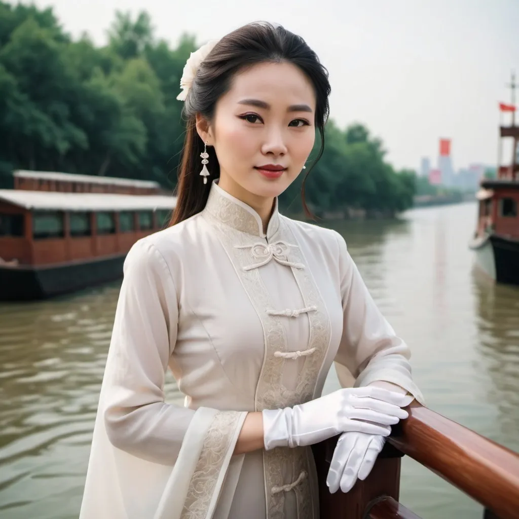 Prompt: A beautiful Chinese woman wears long-sleeves clothes, and white long silk gloves. Modest Catholic Attire. She is on a ship in a river.