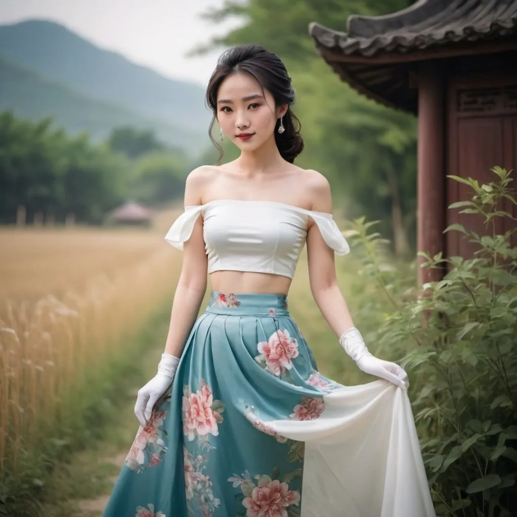 Prompt: In a rural area, a beautiful Chinese woman wears beautiful skirt, off-shoulder top, and white long silk gloves.