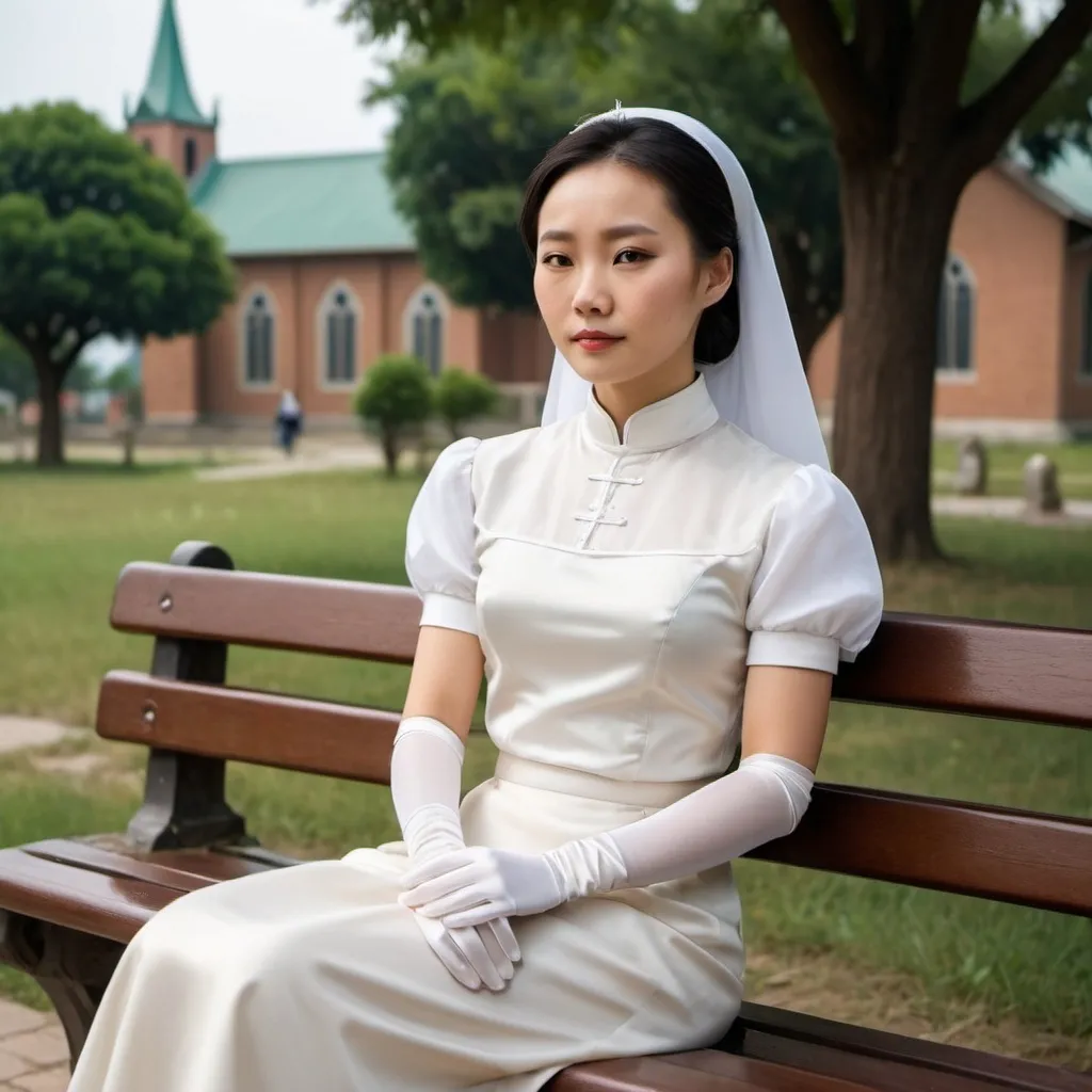 Prompt: A beautiful Chinese woman wears beautiful short-sleeves clothes, and white long silk gloves. The gloves cover to the upper arm. Modest Catholic Attire. She sits straight on the bench, in rural area, outside a Catholic church.