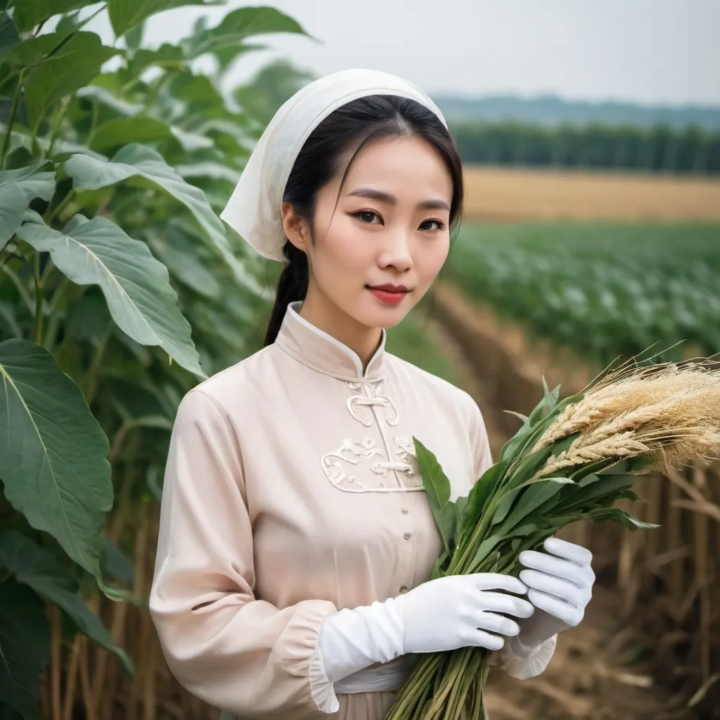 Prompt: A beautiful Chinese woman wears long-sleeves clothes, and white long silk gloves. Modest Catholic Attire. She help harvesting in farm.