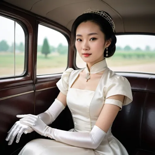 Prompt: A beautiful Chinese woman wears beautiful short-sleeves clothes, and white long silk gloves that cover to upper arm. Modest Catholic Attire. She sits at the back seat, in an old car.