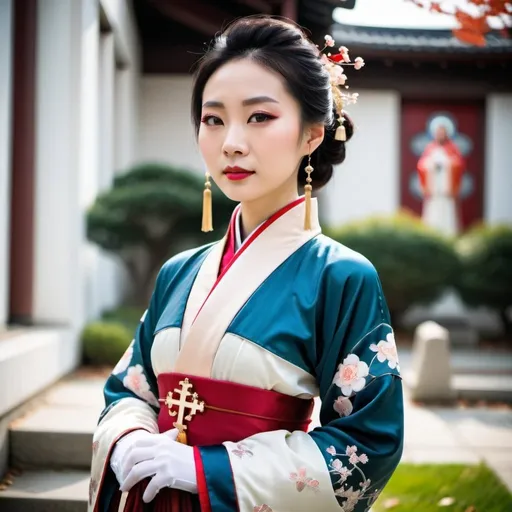 Prompt: A beautiful Chinese woman wears beautiful Hanfu, and long white silk gloves. She stands outside a modern Catholic church. Full body picture.