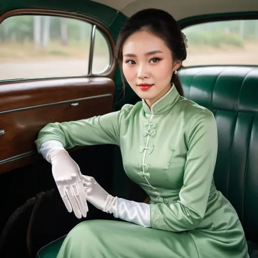 Prompt: A beautiful Chinese woman wears green long-sleeves clothes, and white long silk gloves. Modest Catholic Attire. She sits at the back seat of old car.