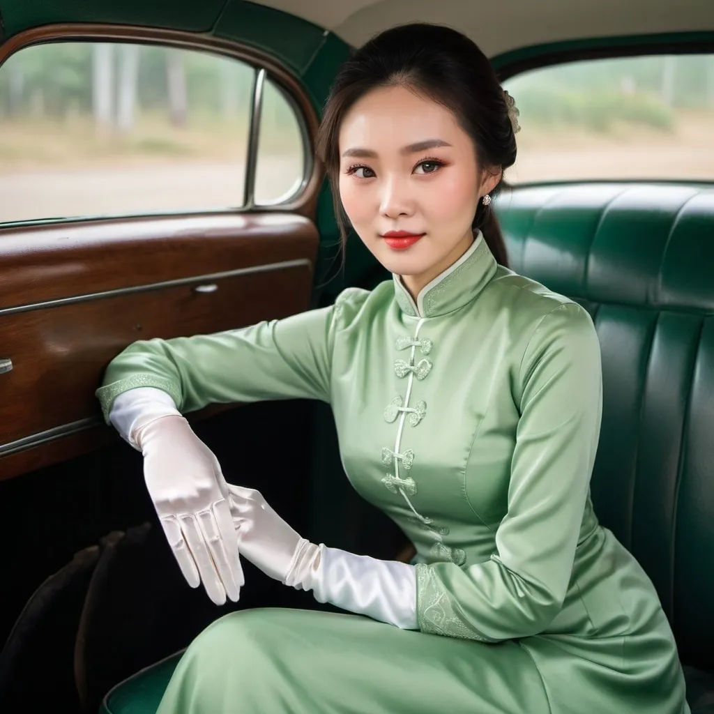 Prompt: A beautiful Chinese woman wears green long-sleeves clothes, and white long silk gloves. Modest Catholic Attire. She sits at the back seat of old car.