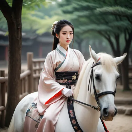 Prompt: A beautiful Chinese woman wears Hanfu, and white long silk gloves. She is riding a horse.