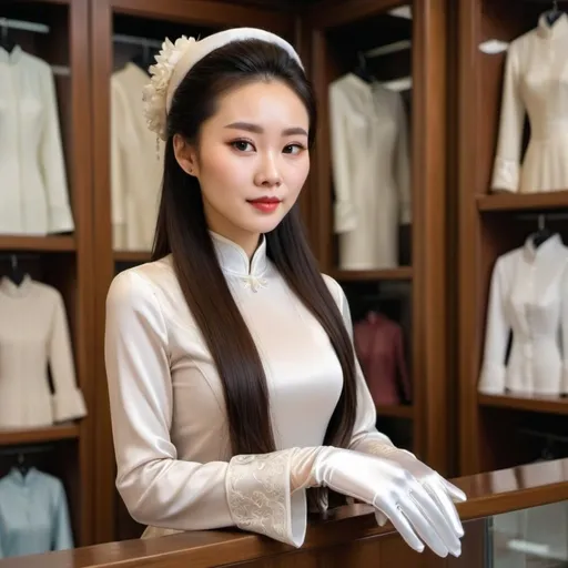 Prompt: A beautiful Chinese woman wears beautiful long-sleeves clothes, and white long silk gloves. Modest Catholic attire. Realistic. She works in a clothes shop.