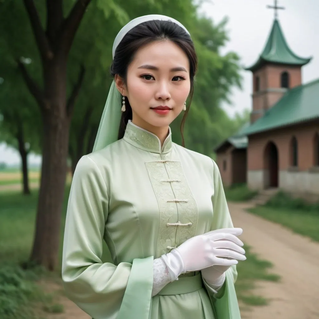 Prompt: A beautiful Chinese woman wears beautiful light green long-sleeves clothes, and white long silk gloves. Modest Catholic attire. She stands in rural area, behind her at a distance is a Catholic church. Full body, realistic.