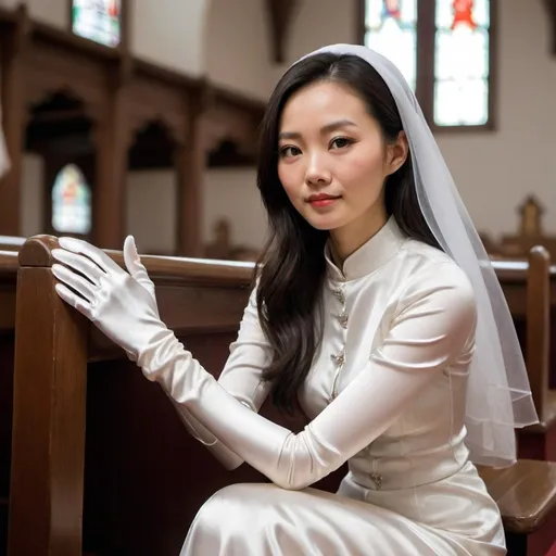 Prompt: A beautiful Chinese woman wears long white silk gloves. Modest. She sits straight, in Catholic church. Full body.