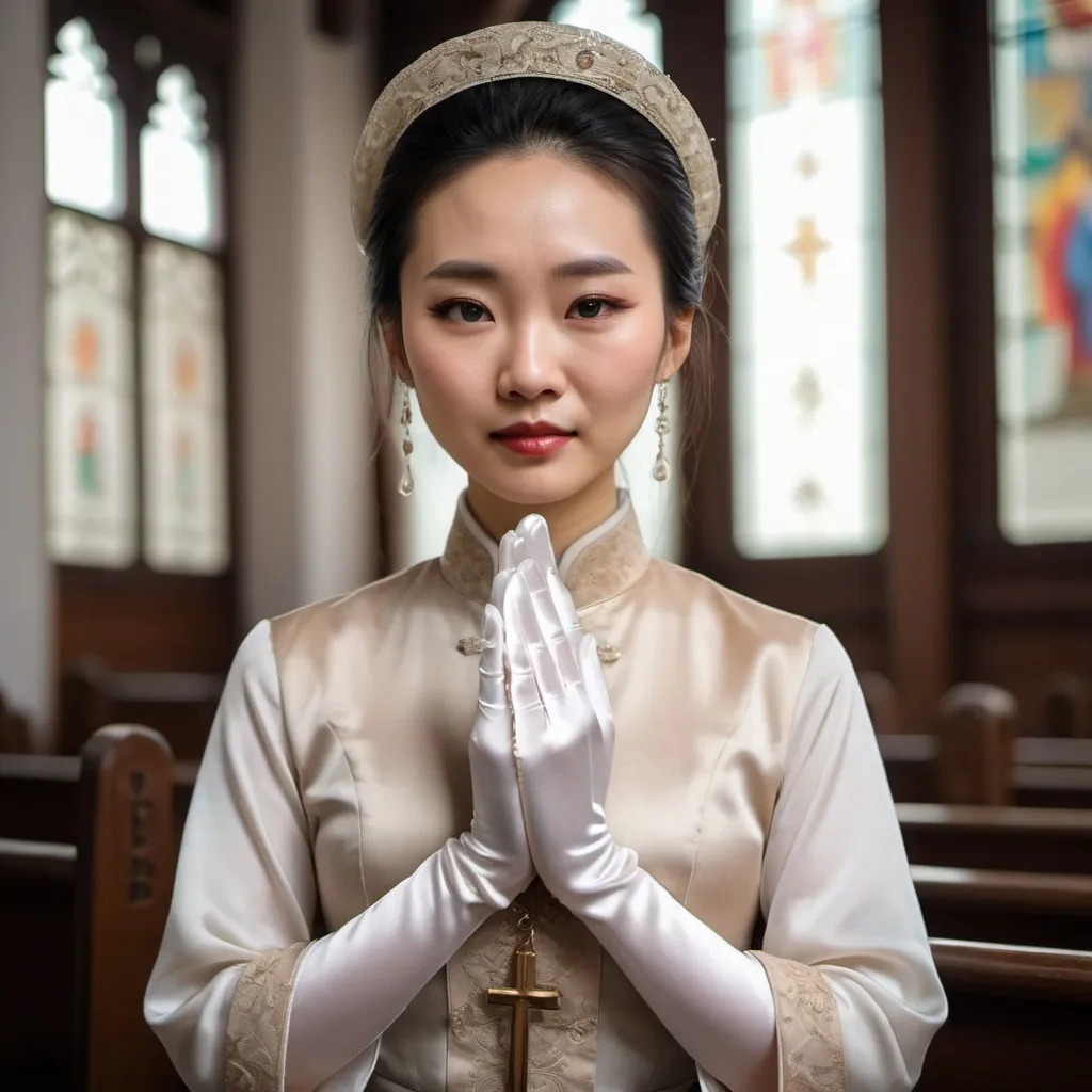 Prompt: A beautiful Chinese woman wears beautiful clothes, and white long silk gloves. Modest Catholic Attire. She cries in catholic church