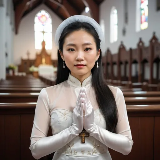 Prompt: A beautiful Chinese woman wears white long silk gloves. She prays in a Catholic church.