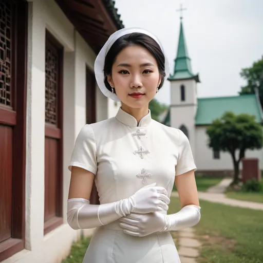 Prompt: A beautiful Chinese woman wears beautiful short-sleeves clothes, and white long silk gloves that cover to upper arm. Modest Catholic Attire. She stands in rural area, outside a Catholic church.