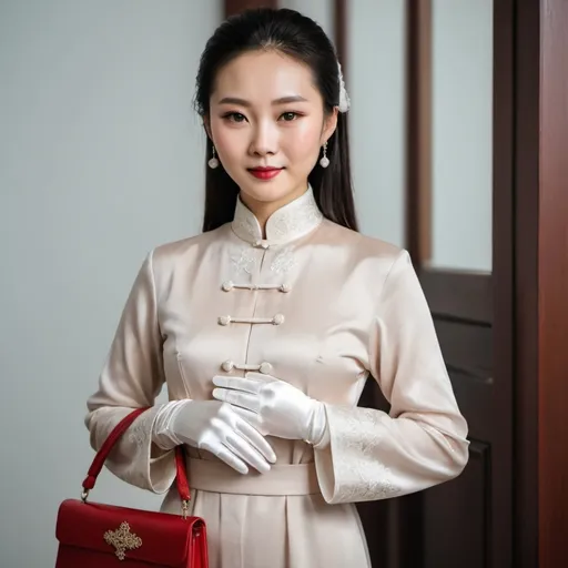 Prompt: A beautiful Chinese woman wears long-sleeves clothes, and white long silk gloves. Modest Catholic Attire. She holds an ordinary handbag.