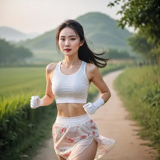 Prompt: In the early morning, a beautiful Chinese woman wears beautiful skirt, sporty top, and white long silk gloves, jogging in the rural area.