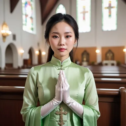 Prompt: A beautiful Chinese woman wears light green long-sleeves clothes, and white long silk gloves. Modest. She prays in Catholic church