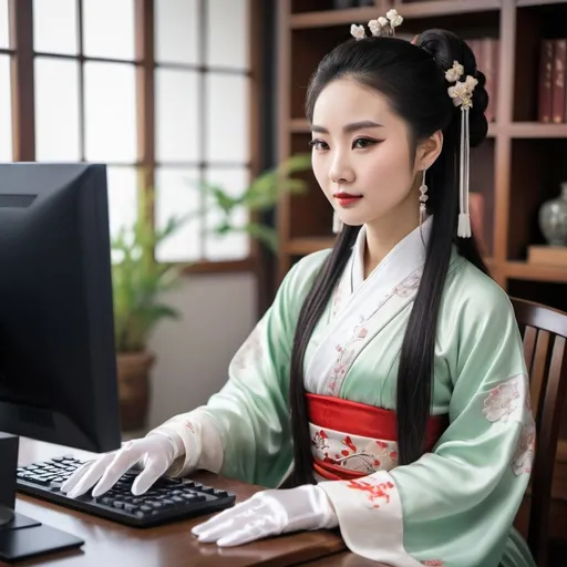 Prompt: A beautiful Chinese woman wears beautiful Hanfu, and white long silk gloves. She sits in front of a desktop computer.
