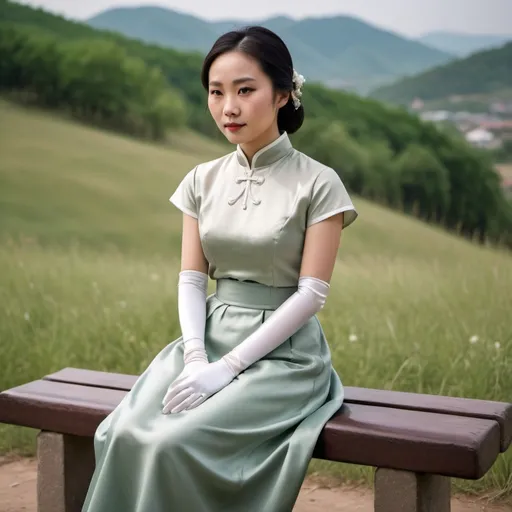 Prompt: A beautiful Chinese woman wears short-sleeves clothes, and white long silk gloves that cover to her upper arms. Modest Catholic Attire. She sits on a bench, in rural area, on a hill.