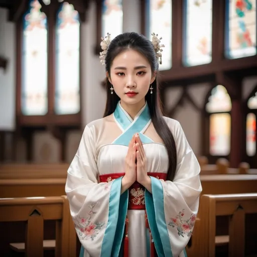 Prompt: A beautiful Chinese woman wears beautiful Hanfu, and white long silk gloves. She prays in a Catholic church.