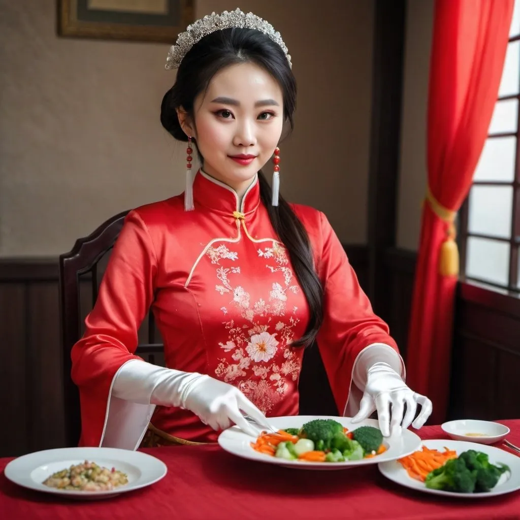 Prompt: A beautiful Chinese woman wears beautiful red clothes, and white long silk gloves. Modest. She serves a plate of vegetable. Catholic background.