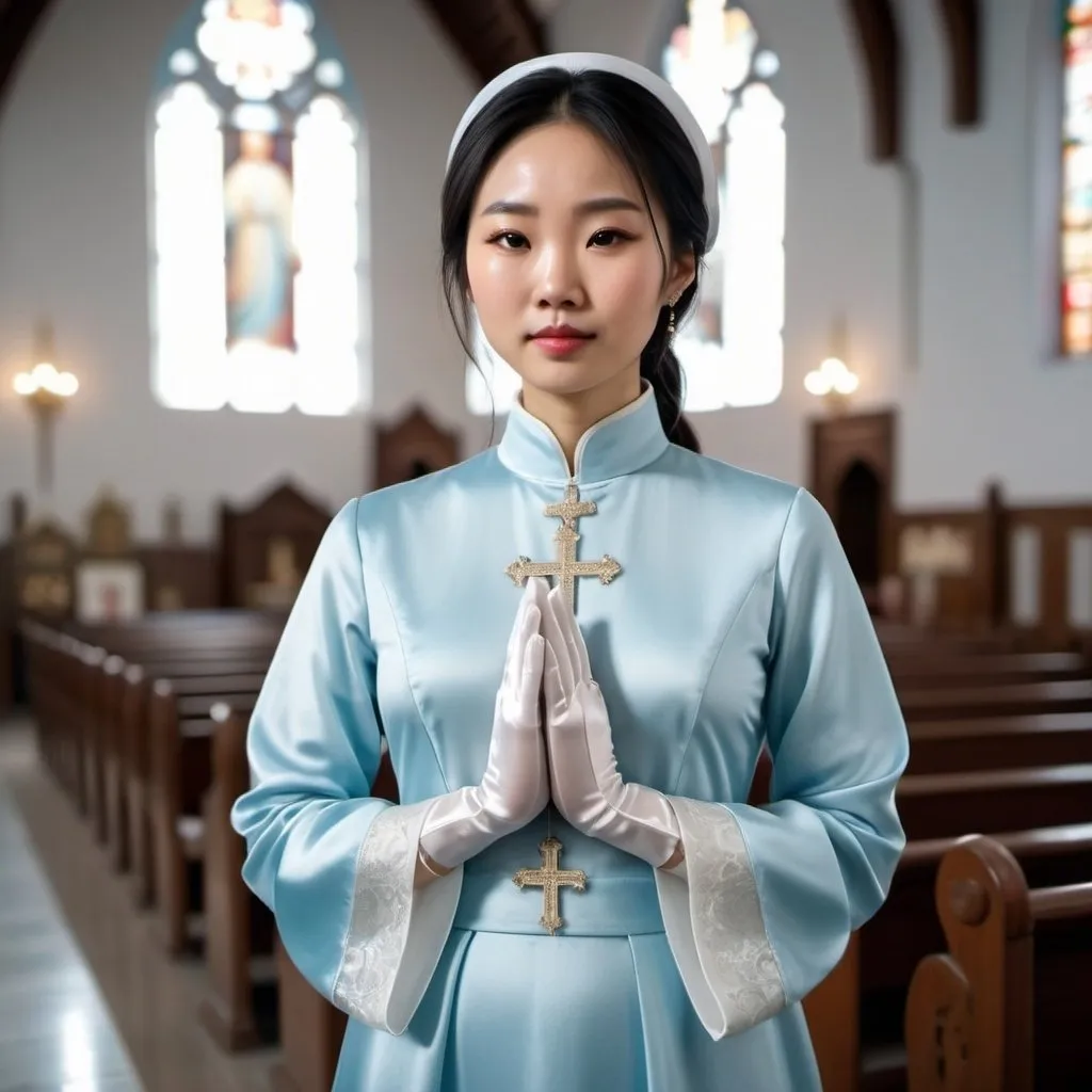 Prompt: A beautiful Chinese woman wears beautiful light blue long-sleeves clothes, and white long silk gloves. Modest Catholic attire. She prays in a Catholic church. Full body, realistic.