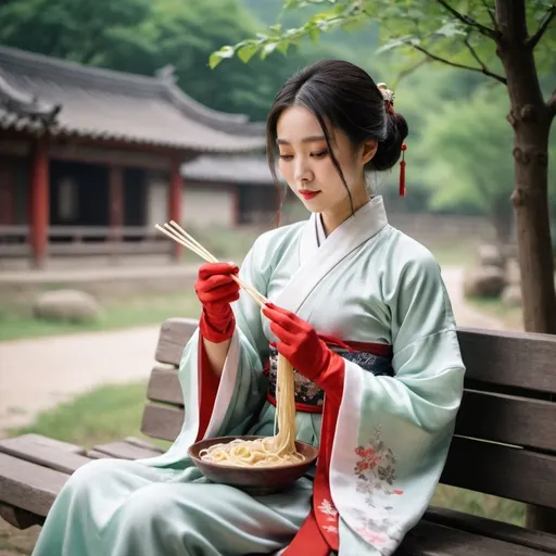 Prompt: A beautiful Chinese woman wears short-sleeves hanfu and white silk long gloves. She is eating noodles while sitting on a bench in rural area.