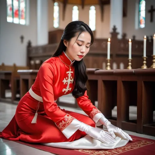 Prompt: A beautiful Chinese woman wears red long-sleeves clothes, and white long silk gloves. Modest. She kneels on the ground, prays in Catholic church. 
