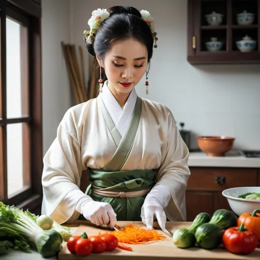 Prompt: A beautiful Chinese woman wears Hanfu and long white silk gloves. She is cutting some vegetables in the kitchen.