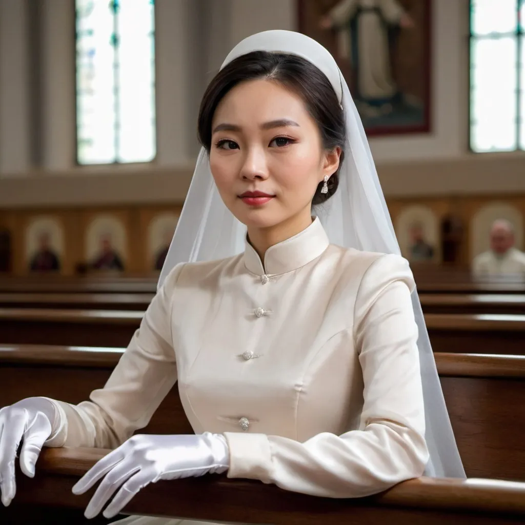 Prompt: A beautiful Chinese woman wears long-sleeves clothes, and white long silk gloves. Modest Catholic Attire. She sits straight on the bench, in Catholic church.