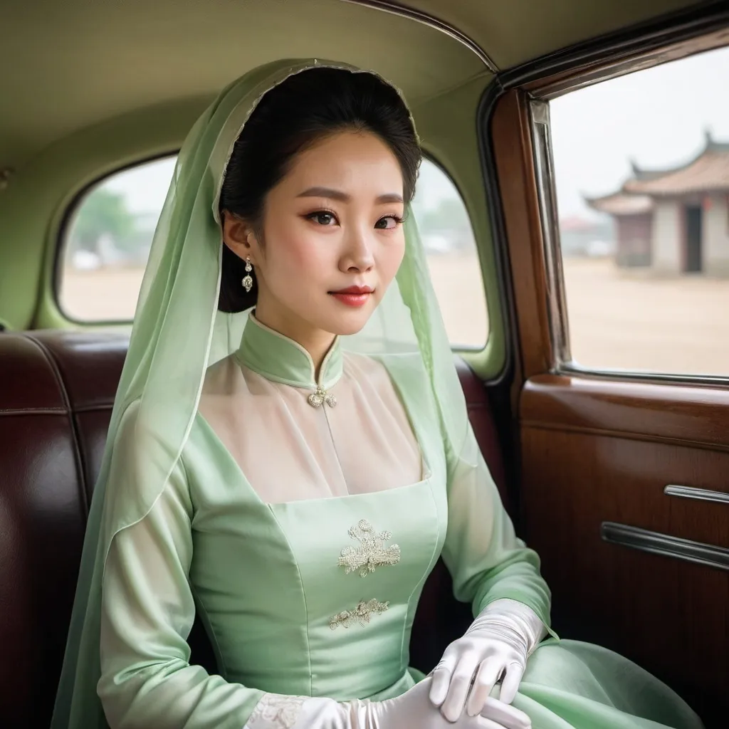 Prompt: A beautiful Chinese woman wears light green long-sleeves clothes, and white long silk gloves. Modest Catholic Attire, veil on hair. She sits at the back seat, in an old car.