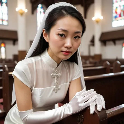 Prompt: A beautiful Chinese woman wears long white silk gloves. Modest. She kneels and prays in Catholic church.