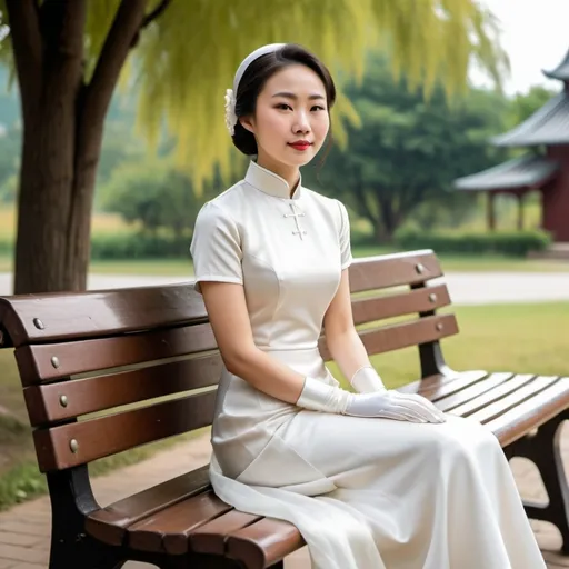 Prompt: A beautiful Chinese woman wears short-sleeves clothes, and white long silk gloves that cover to upper arms. Modest Catholic Attire. She sits straight on bench, in rural area, outside a Catholic church.