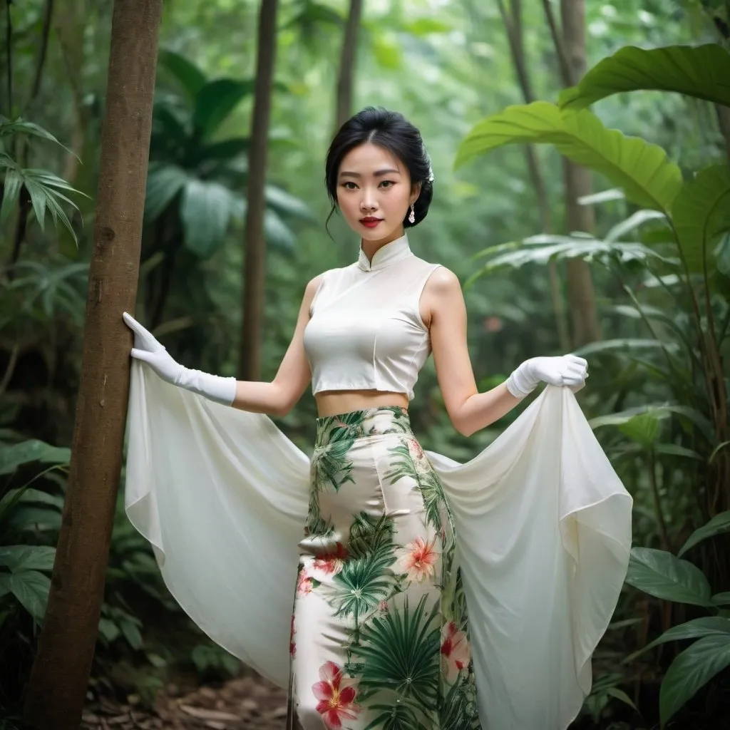 Prompt: A beautiful Chinese woman wears beautiful skirt, and white long silk gloves. She is in a jungle.