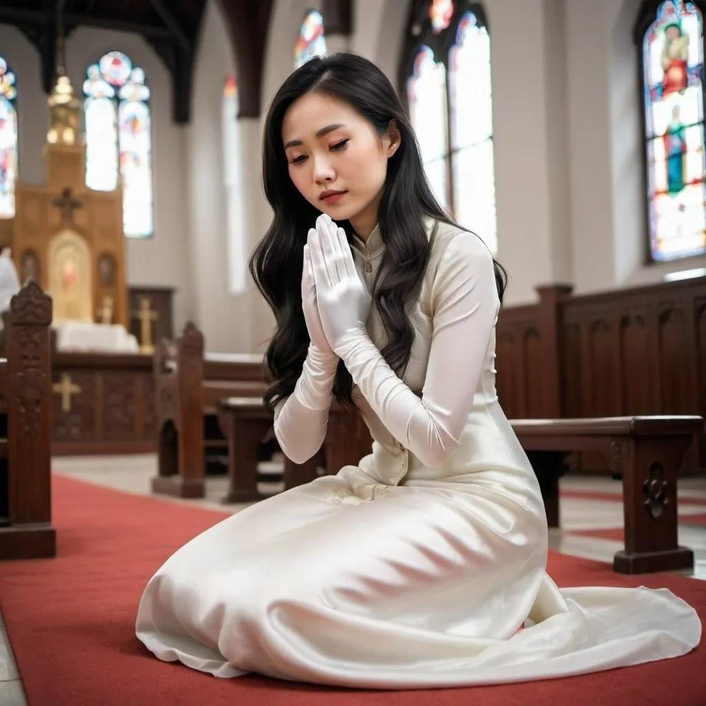 Prompt: A beautiful Chinese woman wears long white silk gloves. Modest. She kneels on the ground, and prays in Catholic church. Full body.