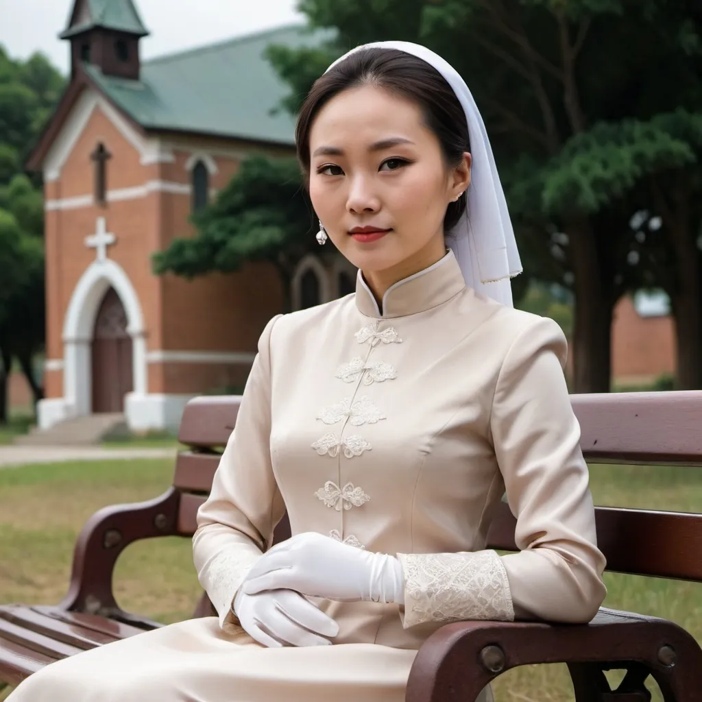 Prompt: A beautiful Chinese woman wears long-sleeves clothes, and white long silk gloves. Modest Catholic Attire. She sits straight on bench, in rural area, outside a Catholic church.