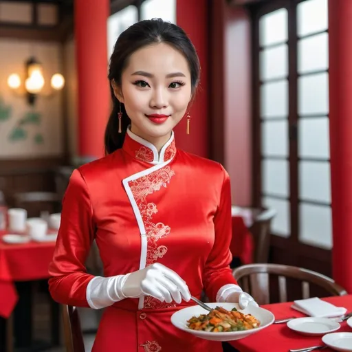 Prompt: A beautiful Chinese woman wears beautiful red long-sleeves clothes, and white long silk gloves. Modest. She is a waitress, stands and serves some vegetarian food in restaurant. Catholic background.