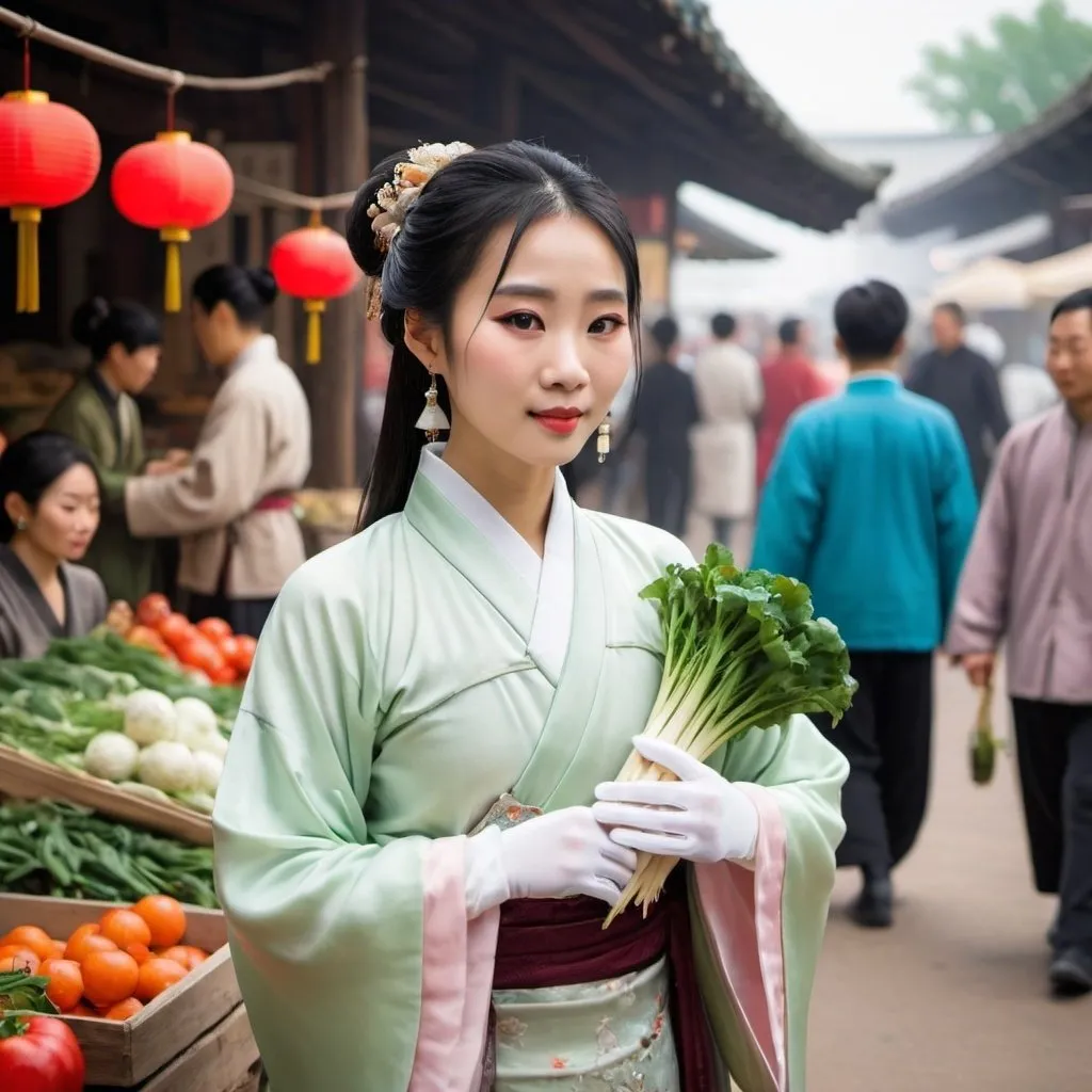 Prompt: A beautiful Chinese woman wears Hanfu, and white long silk gloves. She is selling vegetables at the market.