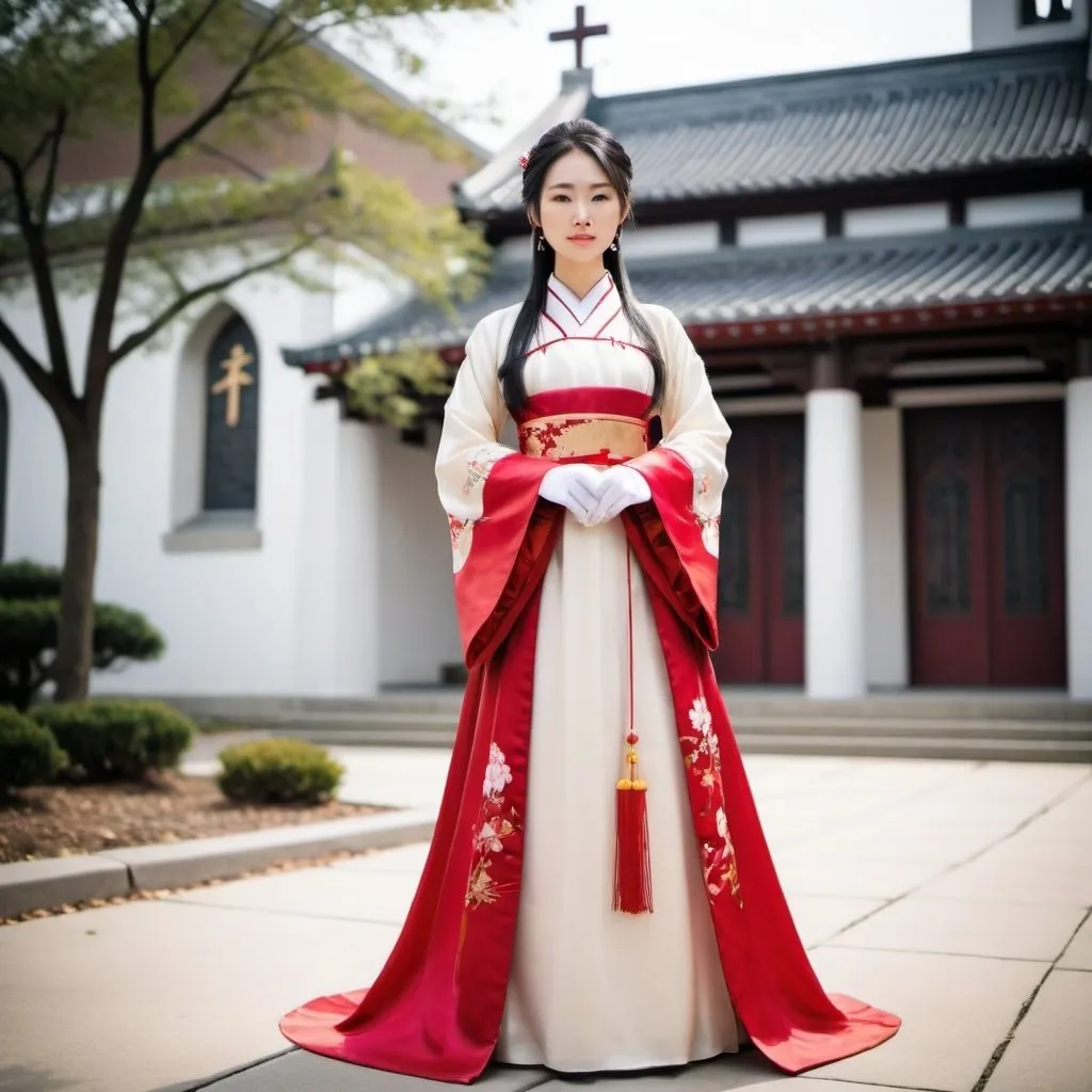 Prompt: A beautiful Chinese woman wears beautiful Hanfu, and long white silk gloves. She stands outside a modern Catholic church. Full body picture.