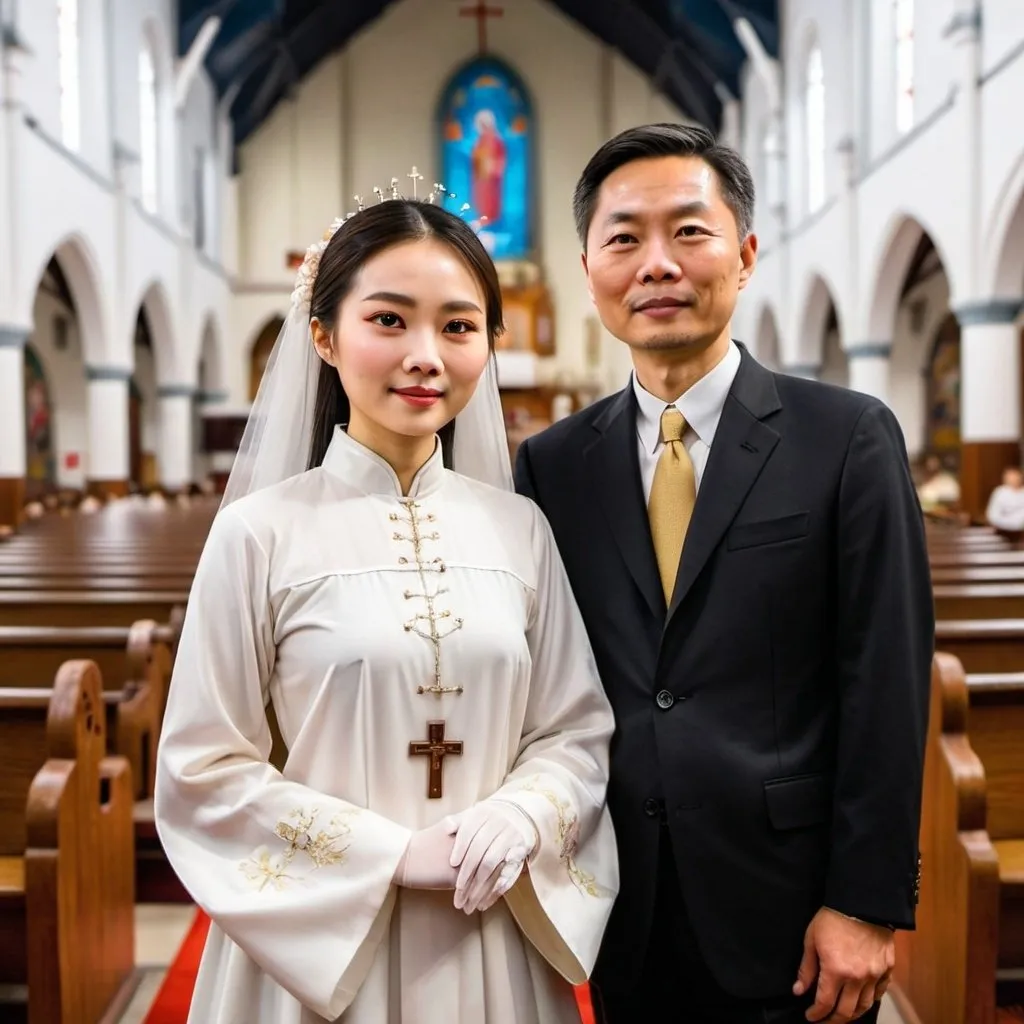 Prompt: A beautiful Chinese woman wears long sleeves, and white long silk gloves. She stands beside her husband in a Catholic church.