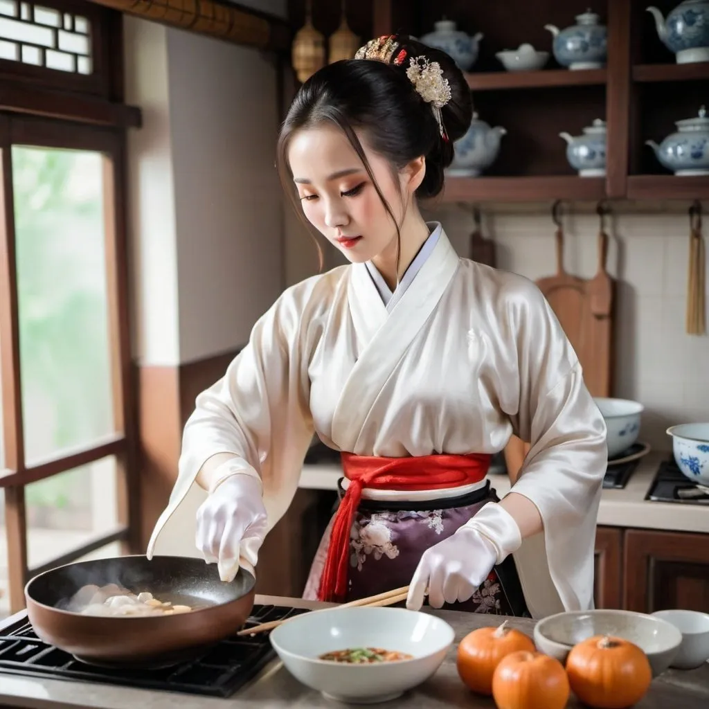 Prompt: A beautiful Chinese woman wears Hanfu and long white silk gloves. She is cooking in the kitchen