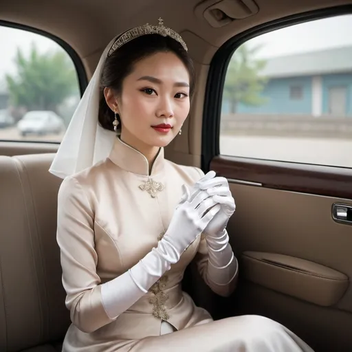 Prompt: A beautiful Chinese woman wears beautiful clothes, and white long silk gloves. Modest Catholic Attire. She sits at the back seat of a car, put her hands on her lap.