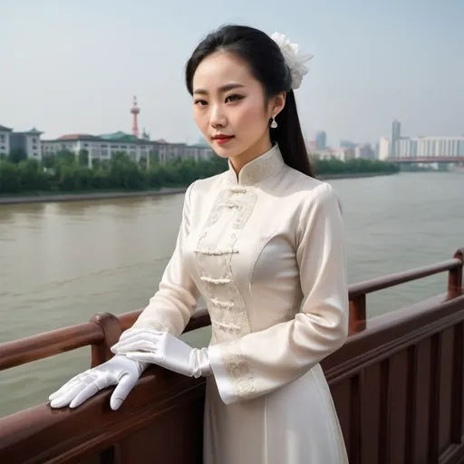 Prompt: A beautiful Chinese woman wears long-sleeves clothes, and white long silk gloves. Modest Catholic Attire. She is on a ship, seeing the river view.