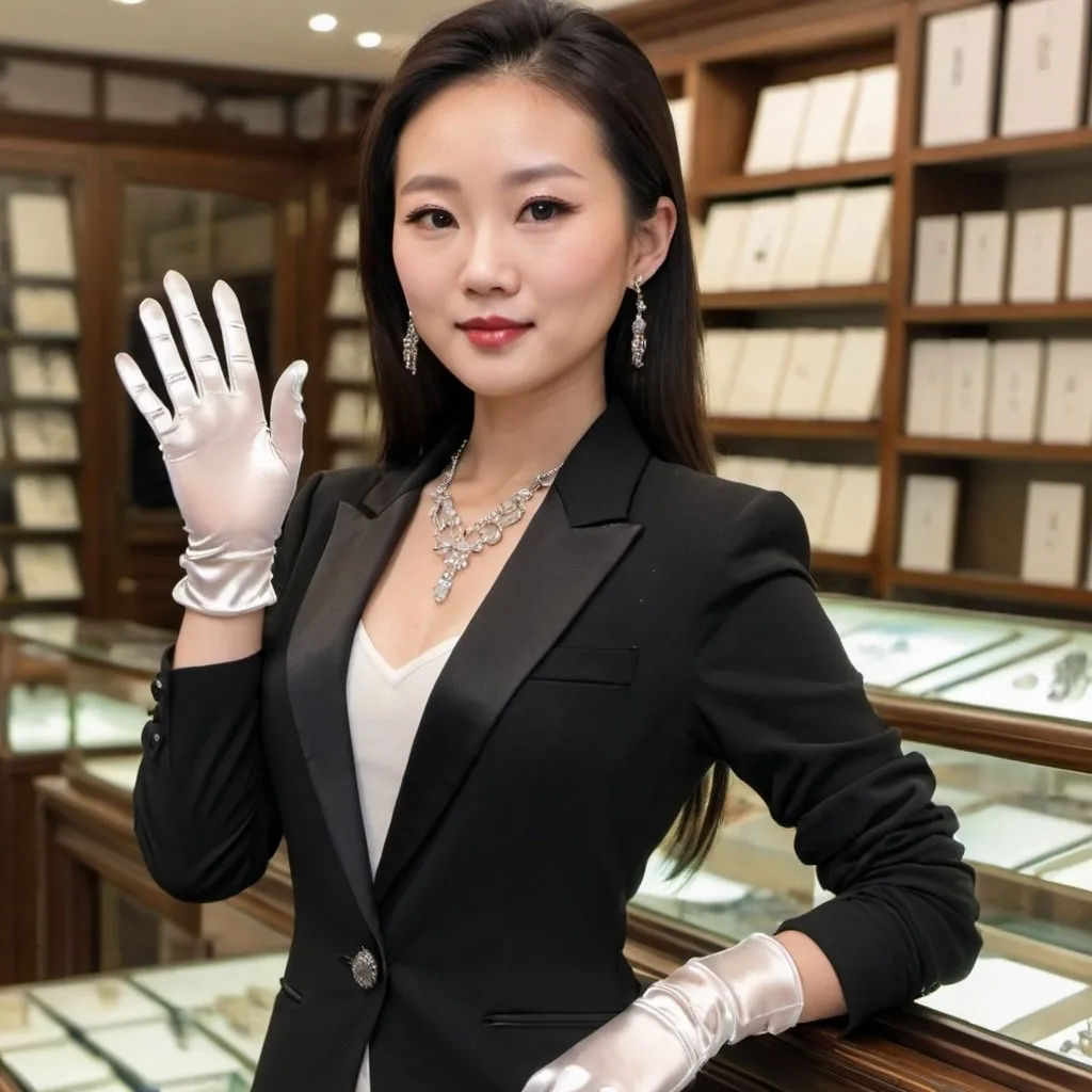 Prompt: A beautiful Chinese woman, wears black long sleeves blazer, and white long silk gloves. She works in a jewelry store.