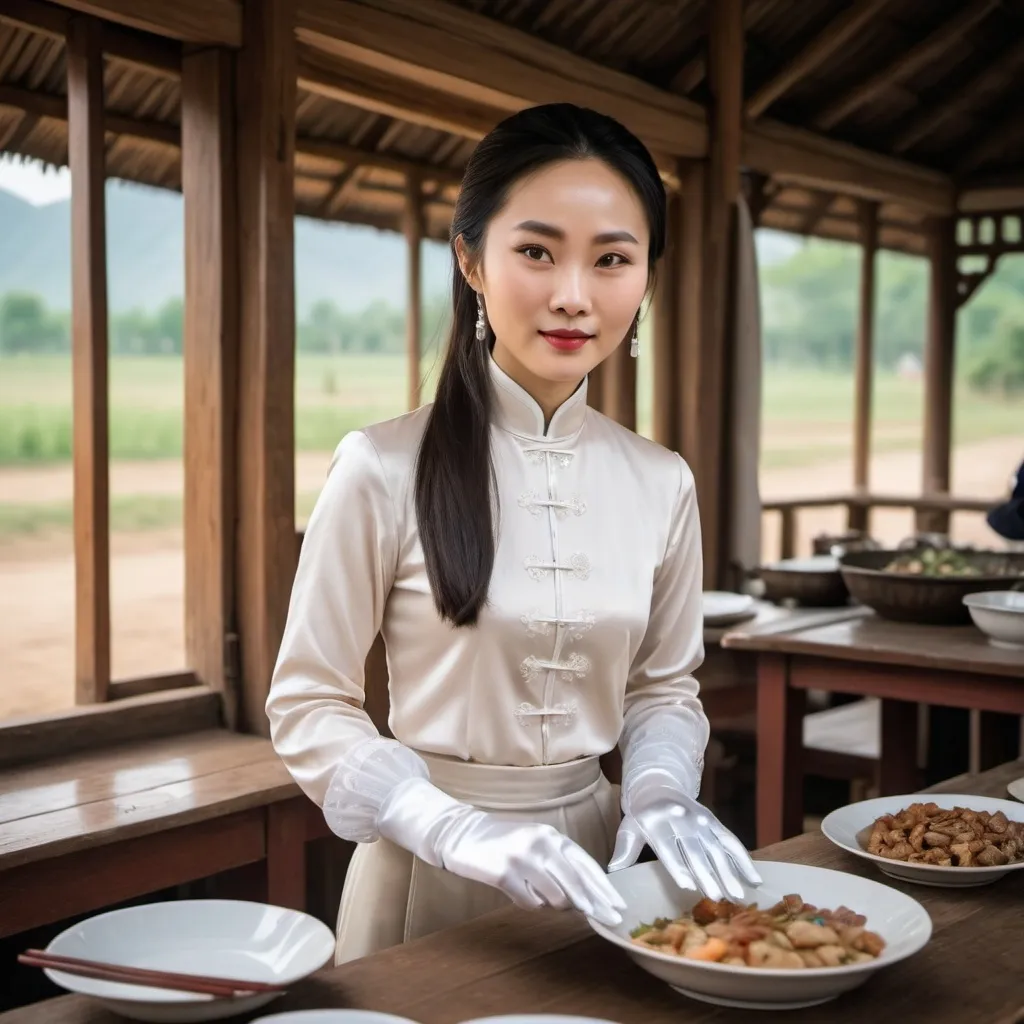 Prompt: A beautiful Chinese woman wears long-sleeves clothes, and white long silk gloves. Modest Catholic Attire. She is serving dishes to the table, in rural area, in a hut outside a Catholic church.