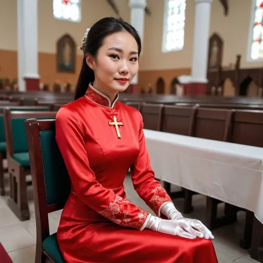 Prompt: A beautiful Chinese woman wears red long-sleeves clothes, and white long silk gloves. Modest. She sits straight on chair, in Catholic church. She puts her hands on her lap.