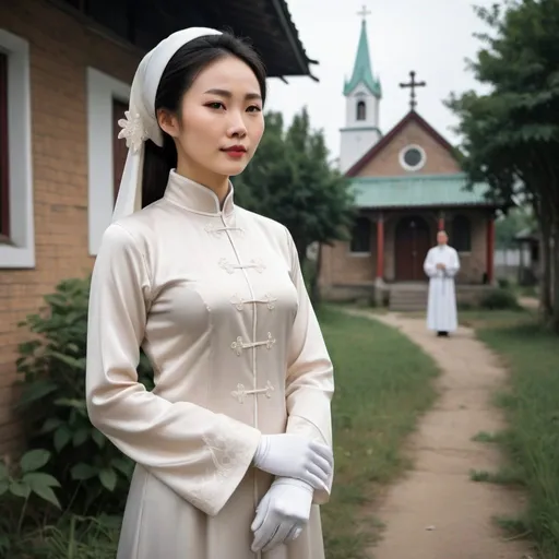 Prompt: A beautiful Chinese woman wears beautiful long-sleeves clothes, and white long silk gloves. Modest Catholic attire. She stands in rural area, behind her is a Catholic church. Full body. Realistic.