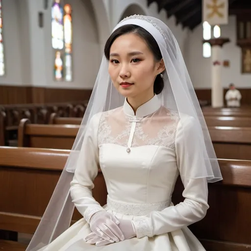 Prompt: A beautiful Chinese woman wears long-sleeves clothes, and white long silk gloves. Modest Catholic Attire, veil on hair. She sits straight on the bench, in Catholic church.