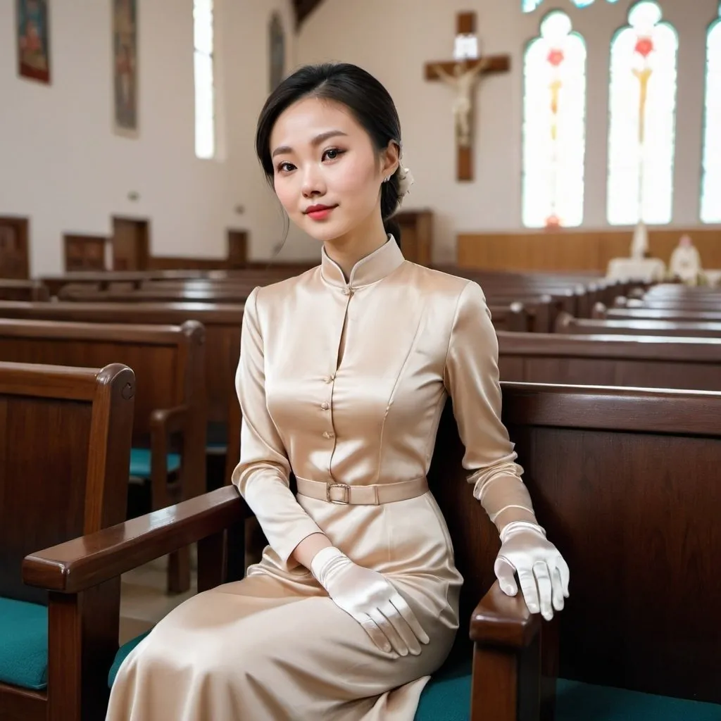 Prompt: A beautiful Chinese woman wears beige long-sleeves clothes, and white long silk gloves. Modest. She sits straight on chairs, put her hands on her lap, in Catholic church