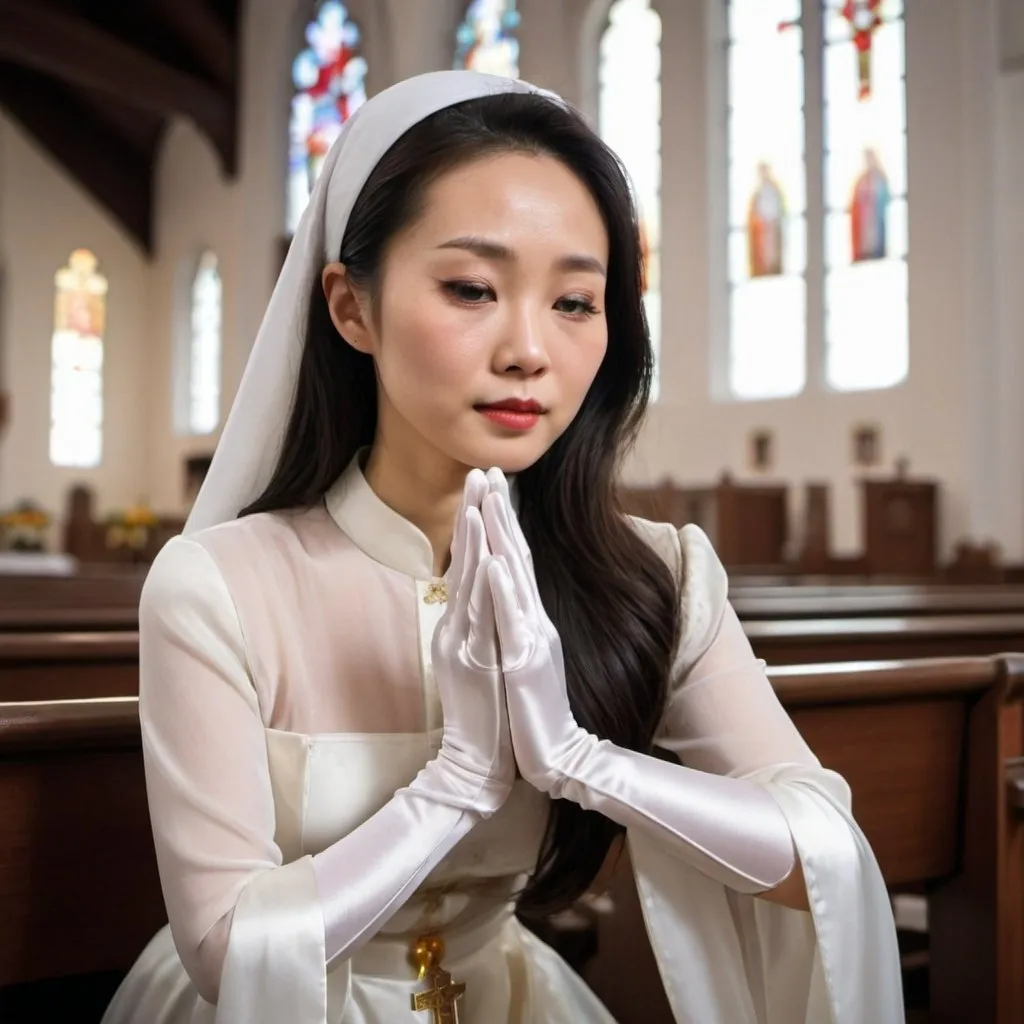 Prompt: A beautiful Chinese woman wears long white silk gloves. Modest. She kneels and prays in Catholic church.