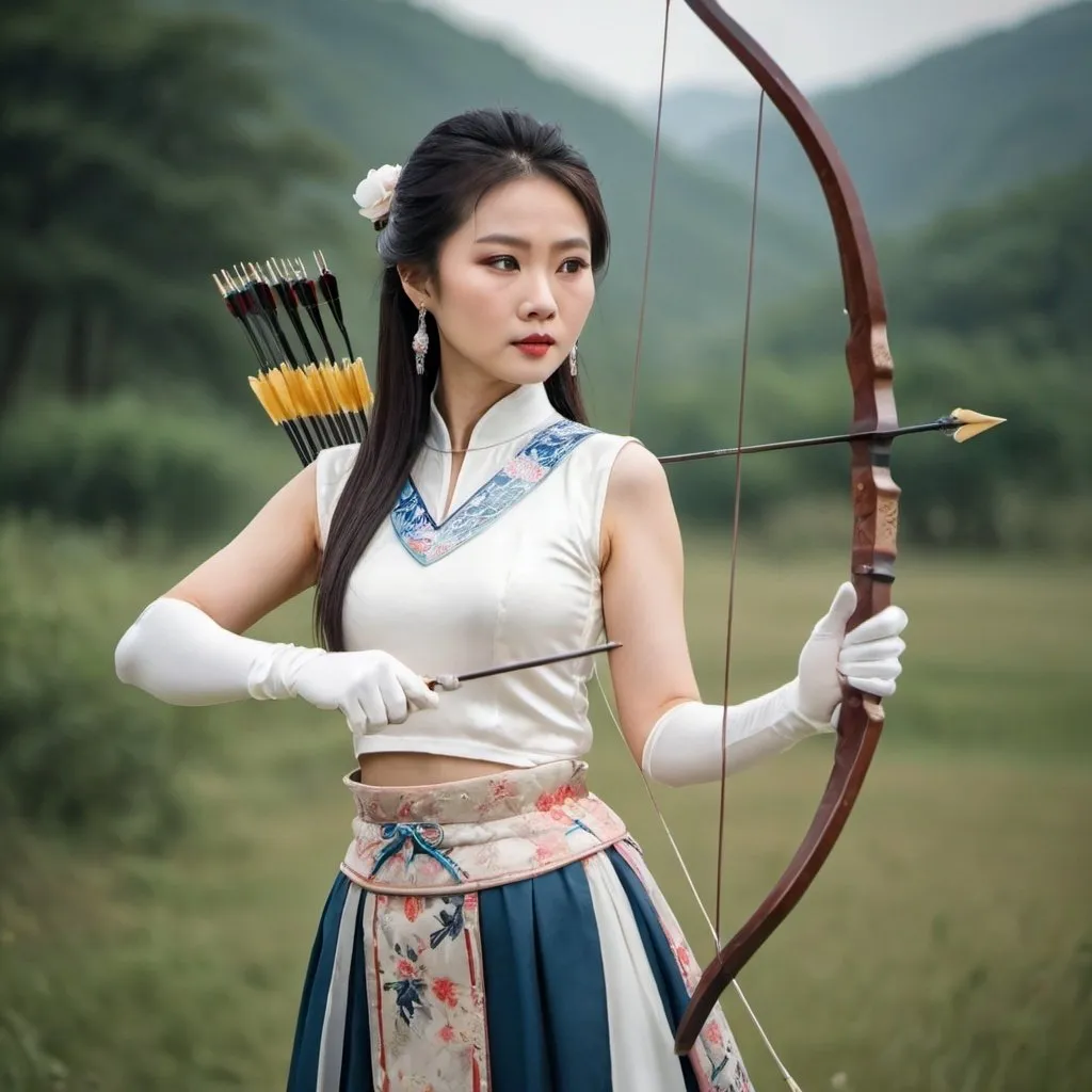 Prompt: A beautiful Chinese woman wears beautiful skirt, and white long silk gloves. She holds a bow and arrows, in rural area.