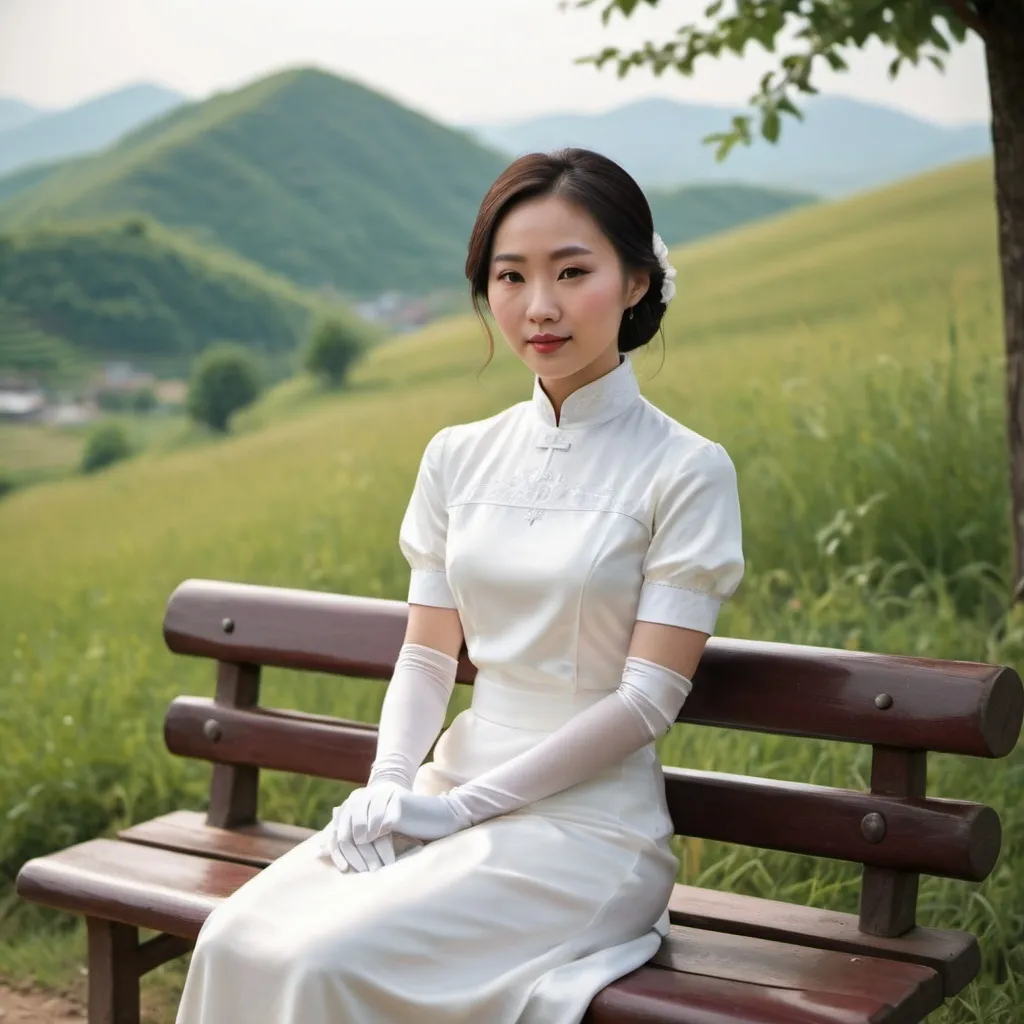 Prompt: A beautiful Chinese woman wears white short-sleeves clothes, and white long silk gloves that cover to her upper arms. Modest Catholic Attire. She sits on a bench, in rural area, on a hill.